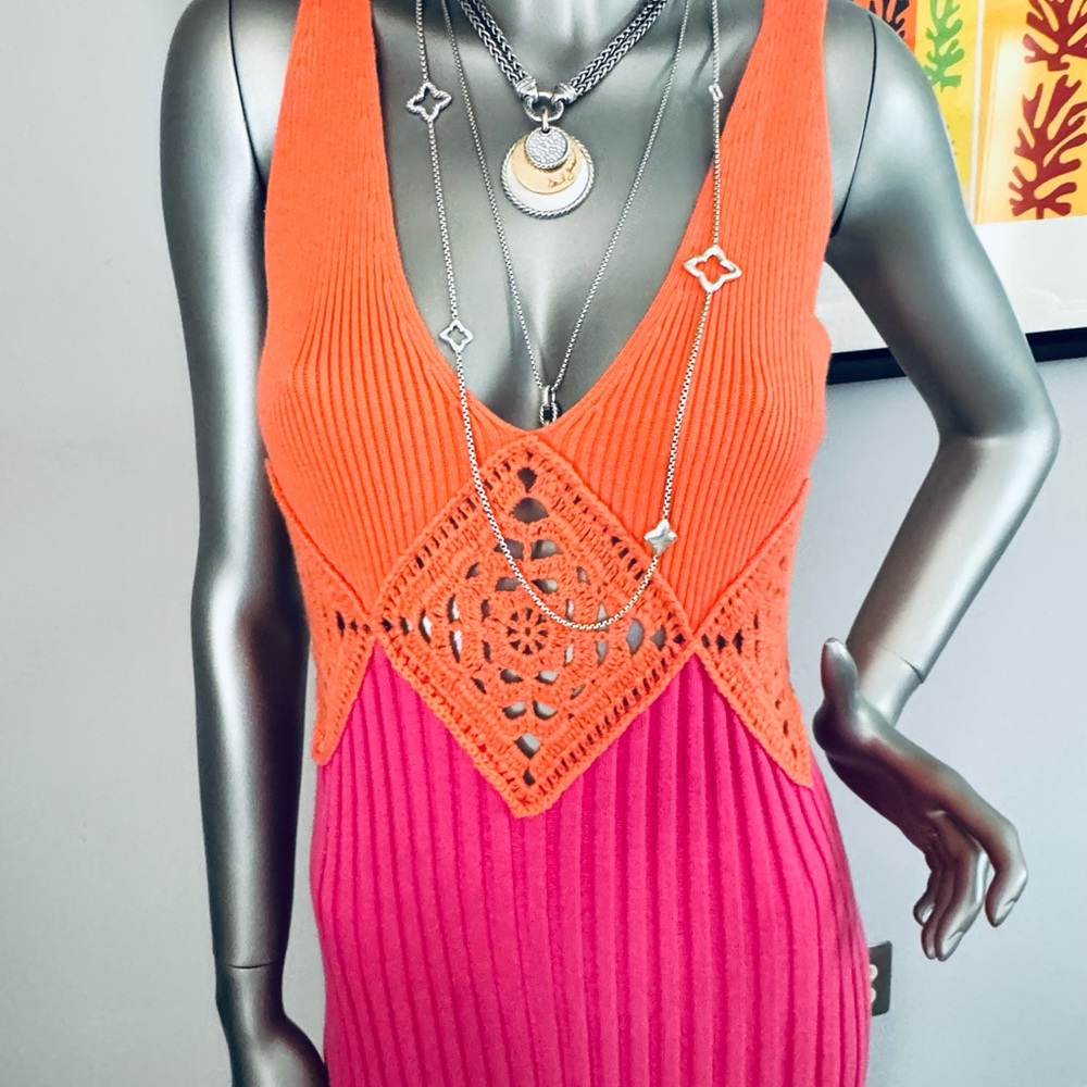 NWT Rails Taryn Maxi Tank Dress in Bright Pink & Orange - Crochet Details